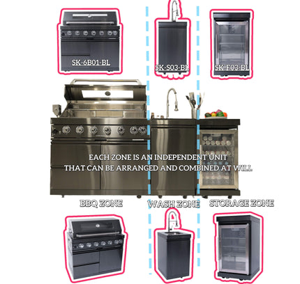 Castelle Flame 85K BTU Outdoor BBQ Kitchen Grill Island With 43-Inch 6-Burner Grill, Wine Fridge, Rotisserie Kit, And Sink