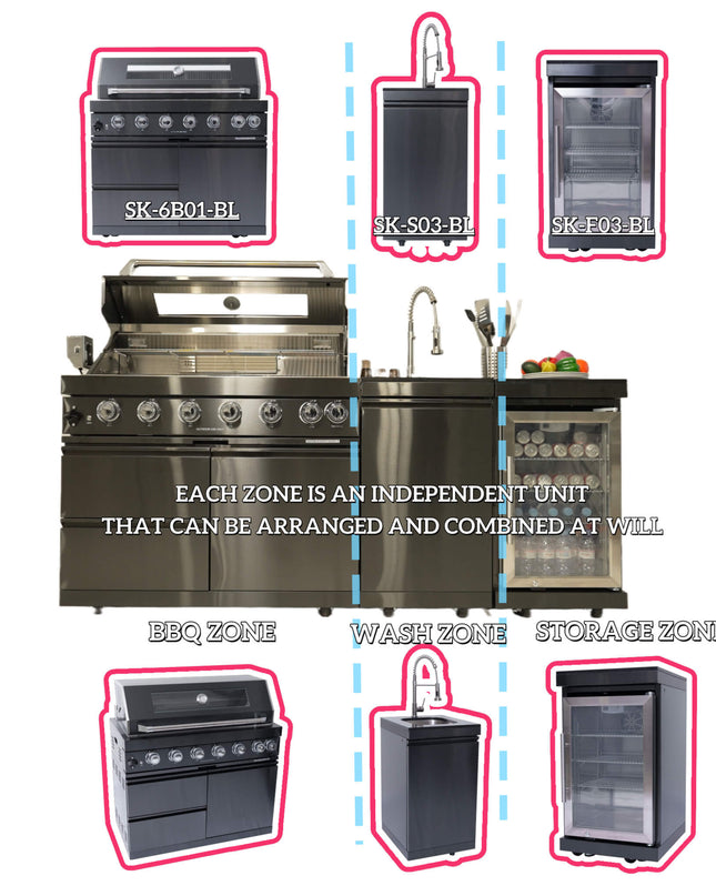 Castelle Flame 85K BTU Outdoor BBQ Kitchen Grill Island With 43-Inch 6-Burner Grill, Wine Fridge, Rotisserie Kit, And Sink