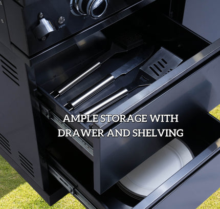 Castelle Flame 85K BTU Outdoor BBQ Kitchen Grill Island With 43-Inch 6-Burner Grill, Wine Fridge, Rotisserie Kit, And Sink