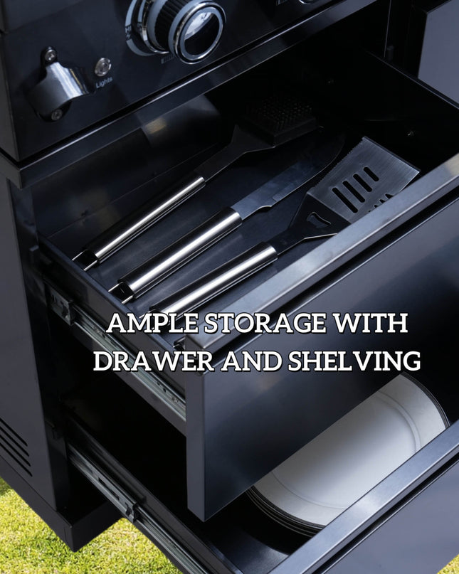 Castelle Flame 85K BTU Outdoor BBQ Kitchen Grill Island With 43-Inch 6-Burner Grill, Wine Fridge, Rotisserie Kit, And Sink