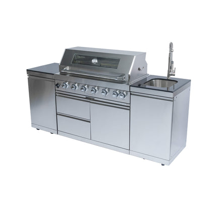 Castelle Flame Granite Outdoor BBQ Kitchen Island With 43-Inch 6-Burner Gas Grill, Rotisserie Kit, Cabinets, And Sink