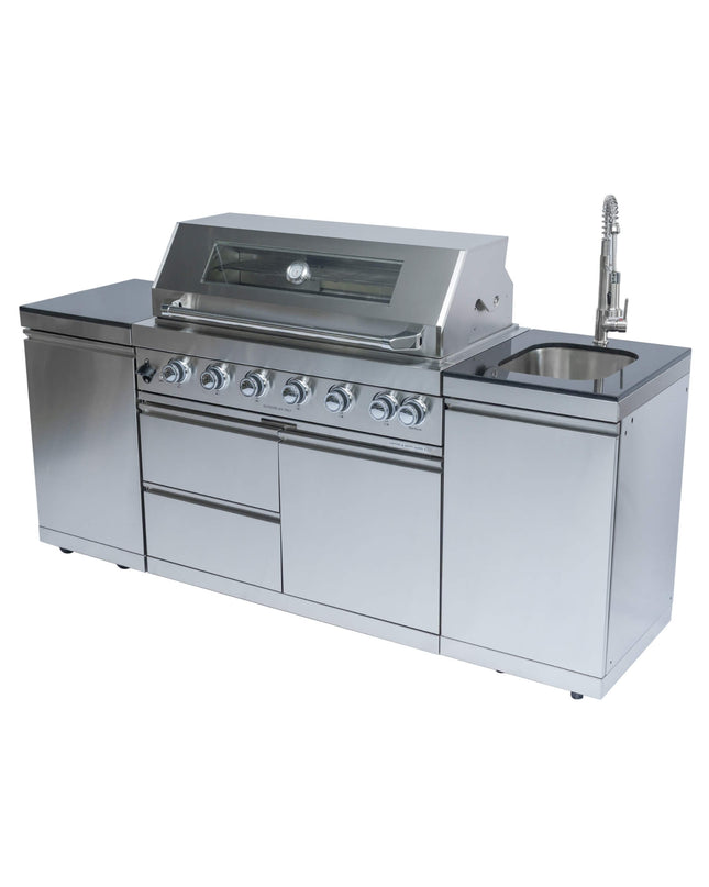 Castelle Flame Granite Outdoor BBQ Kitchen Island With 43-Inch 6-Burner Gas Grill, Rotisserie Kit, Cabinets, And Sink