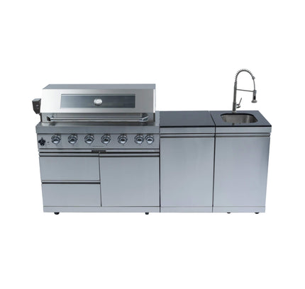 Castelle Flame Granite Outdoor BBQ Kitchen Island With 43-Inch 6-Burner Gas Grill, Rotisserie Kit, Cabinets, And Sink