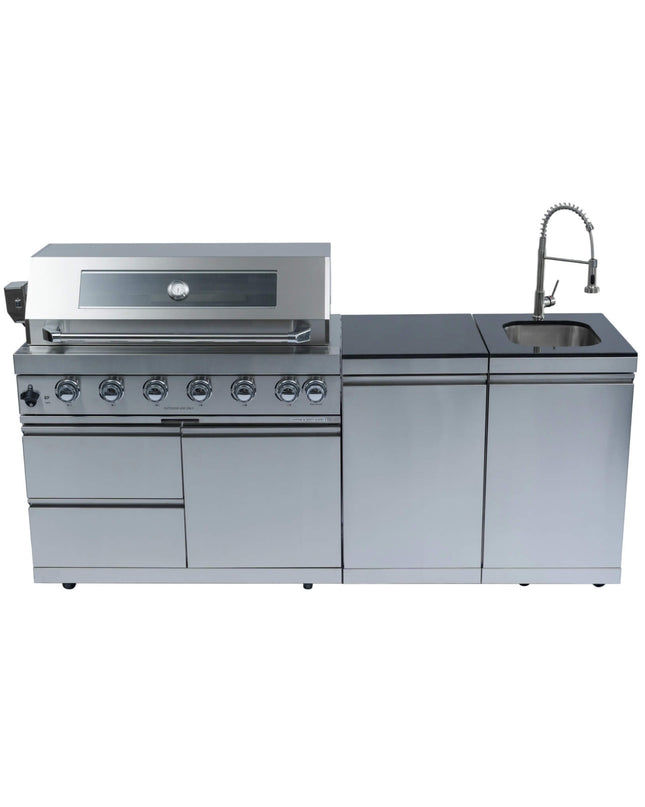 Castelle Flame Granite Outdoor BBQ Kitchen Island With 43-Inch 6-Burner Gas Grill, Rotisserie Kit, Cabinets, And Sink