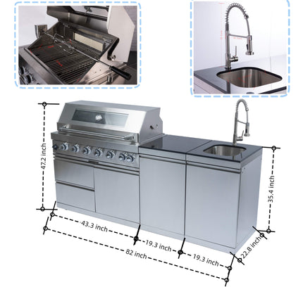 Castelle Flame Granite Outdoor BBQ Kitchen Island With 43-Inch 6-Burner Gas Grill, Rotisserie Kit, Cabinets, And Sink
