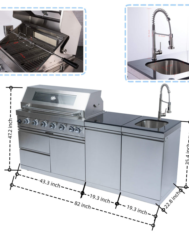 Castelle Flame Granite Outdoor BBQ Kitchen Island With 43-Inch 6-Burner Gas Grill, Rotisserie Kit, Cabinets, And Sink