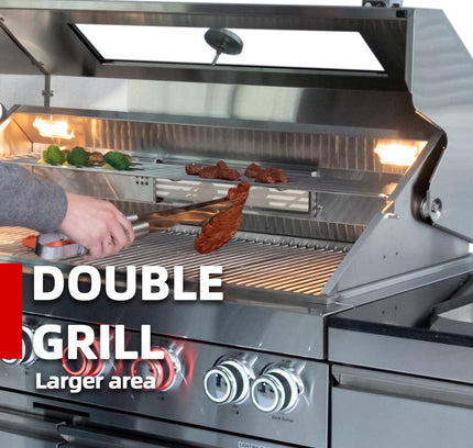 Castelle Flame Granite Outdoor BBQ Kitchen Island With 43-Inch 6-Burner Gas Grill, Rotisserie Kit, Cabinets, And Sink