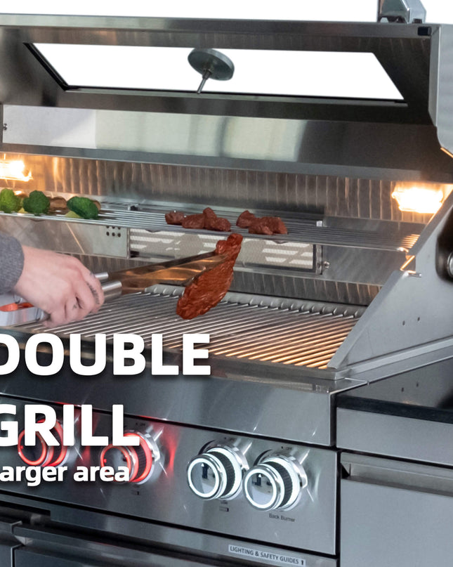 Castelle Flame Granite Outdoor BBQ Kitchen Island With 43-Inch 6-Burner Gas Grill, Rotisserie Kit, Cabinets, And Sink