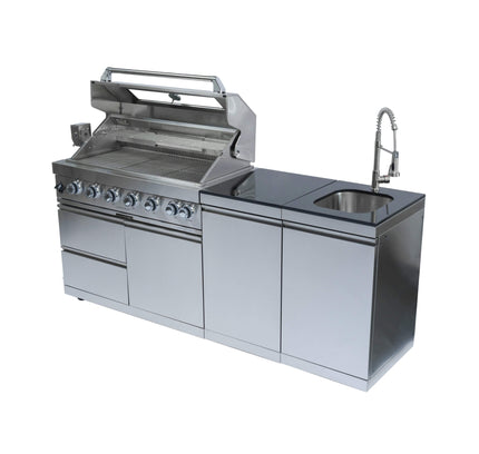 Castelle Flame Granite Outdoor BBQ Kitchen Island With 43-Inch 6-Burner Gas Grill, Rotisserie Kit, Cabinets, And Sink