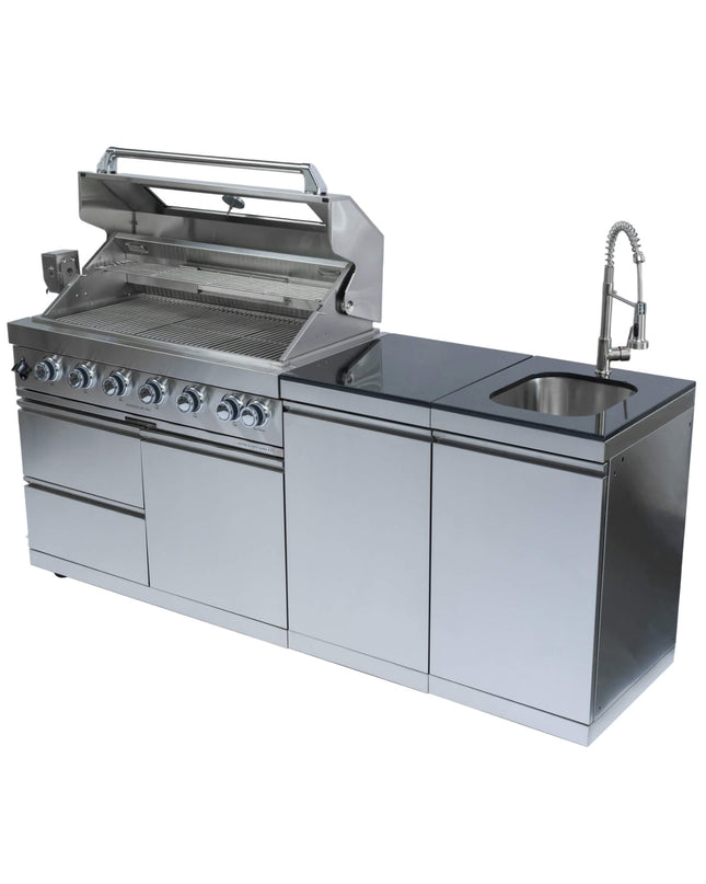 Castelle Flame Granite Outdoor BBQ Kitchen Island With 43-Inch 6-Burner Gas Grill, Rotisserie Kit, Cabinets, And Sink