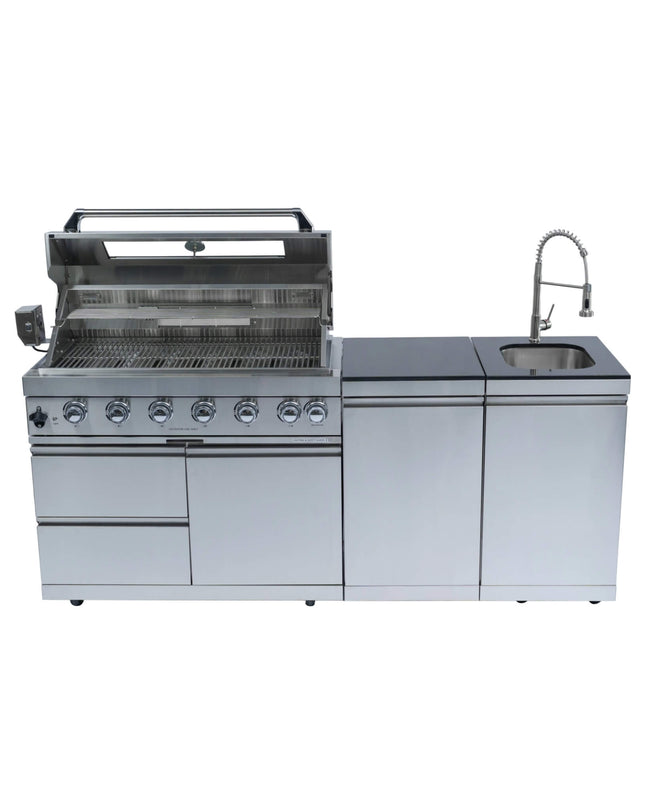 Castelle Flame Granite Outdoor BBQ Kitchen Island With 43-Inch 6-Burner Gas Grill, Rotisserie Kit, Cabinets, And Sink