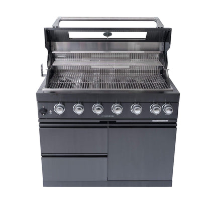 Castelle Flame Premium Black Stainless Steel 6-Burner Gas Grill Kitchen Island With Rotisserie Kit