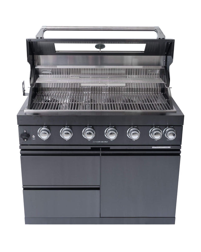 Castelle Flame Premium Black Stainless Steel 6-Burner Gas Grill Kitchen Island With Rotisserie Kit