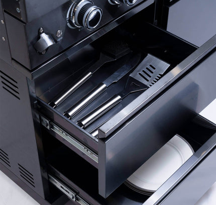 Castelle Flame Premium Black Stainless Steel 6-Burner Gas Grill Kitchen Island With Rotisserie Kit