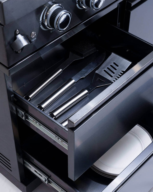 Castelle Flame Premium Black Stainless Steel 6-Burner Gas Grill Kitchen Island With Rotisserie Kit