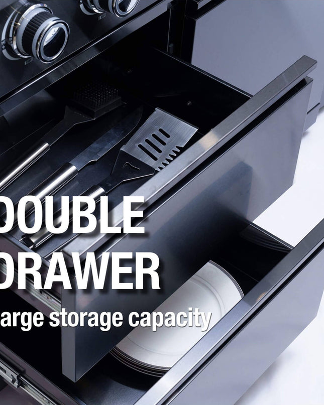 Castelle Flame Premium Black Stainless Steel 6-Burner Gas Grill Kitchen Island With Rotisserie Kit