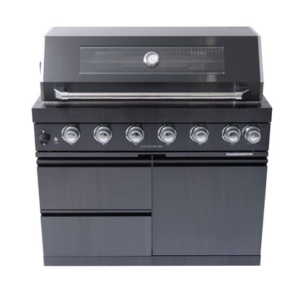 Castelle Flame Premium Black Stainless Steel 6-Burner Gas Grill Kitchen Island With Rotisserie Kit