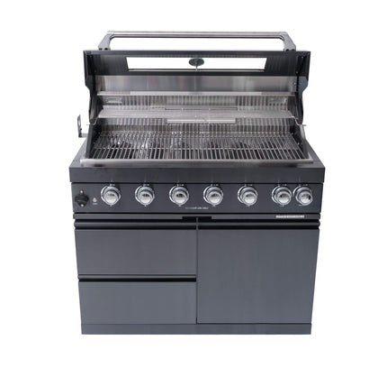 Castelle Flame Premium Black Stainless Steel 6-Burner Gas Grill Kitchen Island With Rotisserie Kit