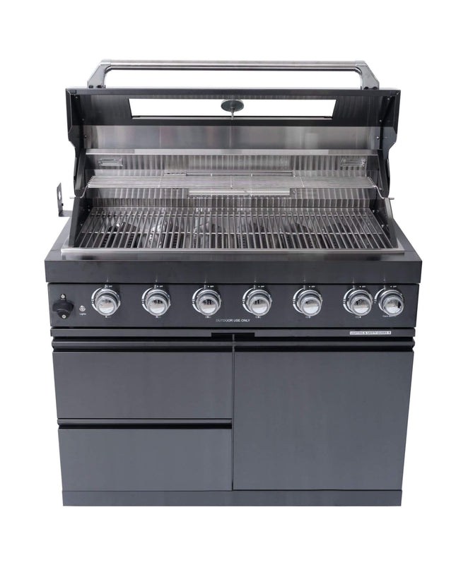 Castelle Flame Premium Black Stainless Steel 6-Burner Gas Grill Kitchen Island With Rotisserie Kit