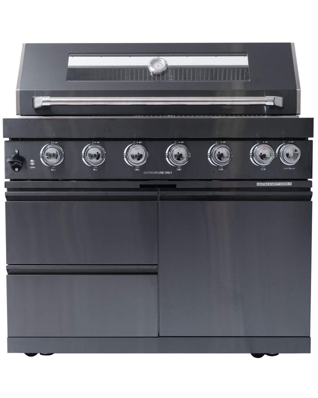 Castelle Flame Premium Black Stainless Steel 6-Burner Gas Grill Kitchen Island With Rotisserie Kit