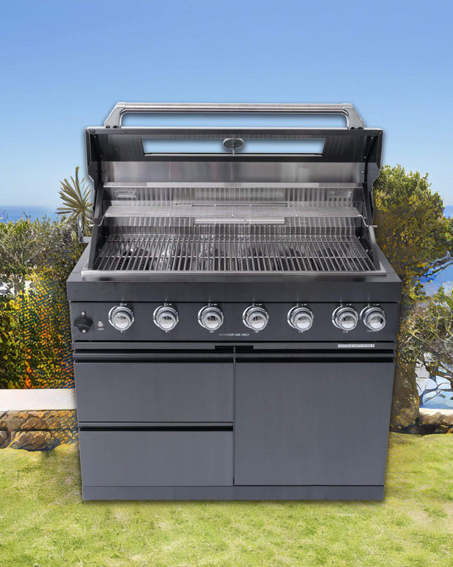 Castelle Flame Premium Black Stainless Steel 6-Burner Gas Grill Kitchen Island With Rotisserie Kit