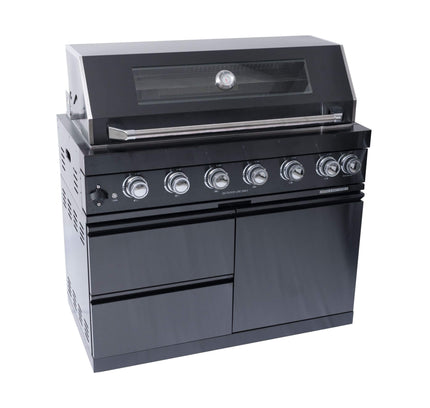 Castelle Flame Premium Black Stainless Steel 6-Burner Gas Grill Kitchen Island With Rotisserie Kit