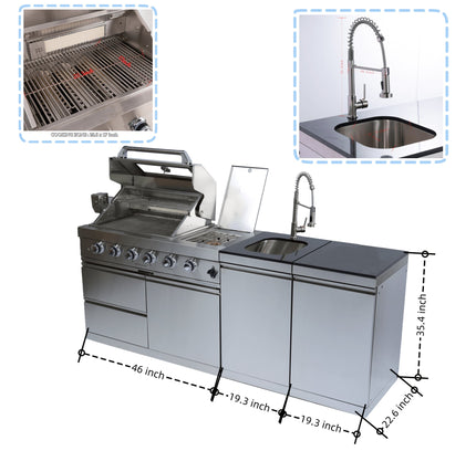 Castelle Flame Stainless Steel Outdoor BBQ Kitchen Island With 46-Inch 4-Burner 85K BTU Grill, Rotisserie Kit, And Cabinets