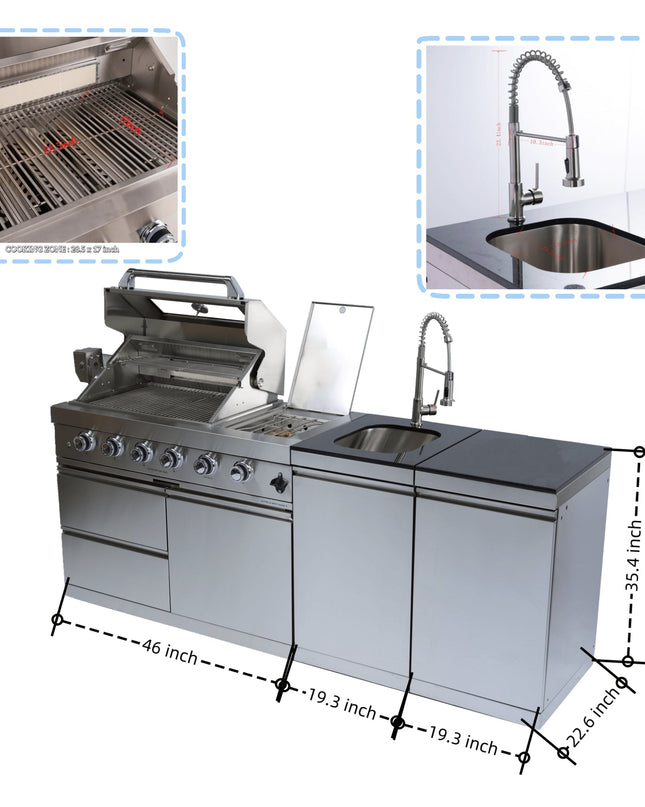 Castelle Flame Stainless Steel Outdoor BBQ Kitchen Island With 46-Inch 4-Burner 85K BTU Grill, Rotisserie Kit, And Cabinets