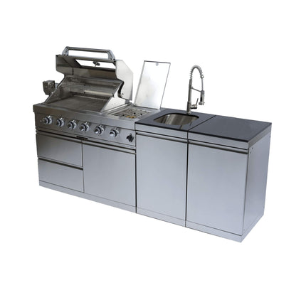 Castelle Flame Stainless Steel Outdoor BBQ Kitchen Island With 46-Inch 4-Burner 85K BTU Grill, Rotisserie Kit, And Cabinets