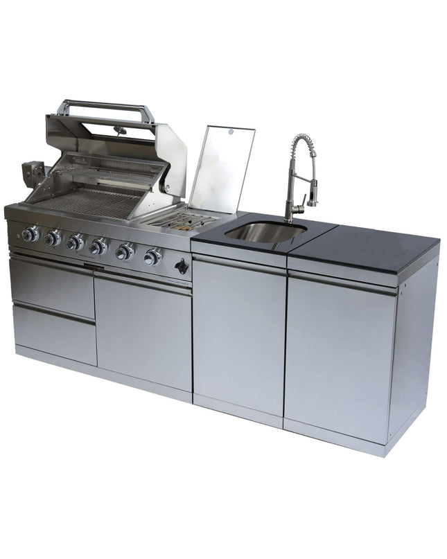 Castelle Flame Stainless Steel Outdoor BBQ Kitchen Island With 46-Inch 4-Burner 85K BTU Grill, Rotisserie Kit, And Cabinets