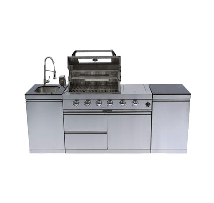 Castelle Flame Stainless Steel Outdoor BBQ Kitchen Island With 46-Inch 4-Burner 85K BTU Grill, Rotisserie Kit, And Cabinets