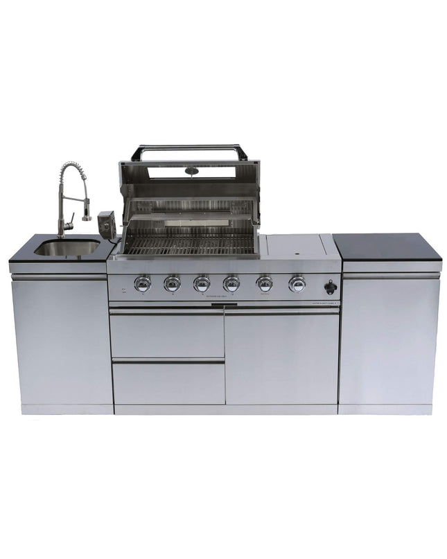 Castelle Flame Stainless Steel Outdoor BBQ Kitchen Island With 46-Inch 4-Burner 85K BTU Grill, Rotisserie Kit, And Cabinets