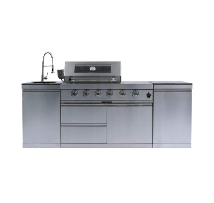 Castelle Flame Stainless Steel Outdoor BBQ Kitchen Island With 46-Inch 4-Burner 85K BTU Grill, Rotisserie Kit, And Cabinets