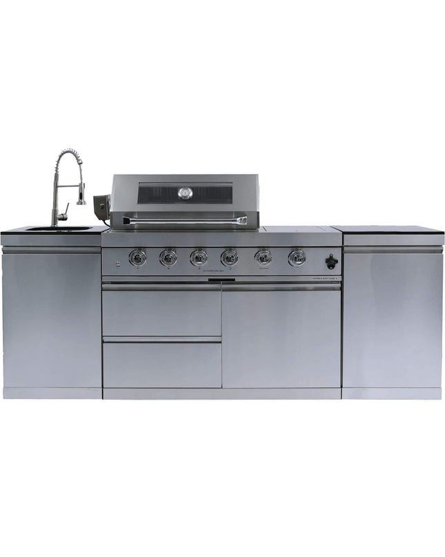 Castelle Flame Stainless Steel Outdoor BBQ Kitchen Island With 46-Inch 4-Burner 85K BTU Grill, Rotisserie Kit, And Cabinets