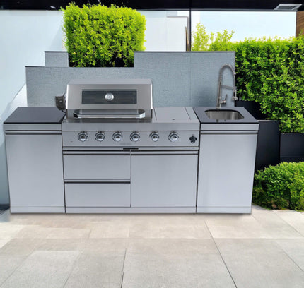 Castelle Flame Stainless Steel Outdoor BBQ Kitchen Island With 46-Inch 4-Burner 85K BTU Grill, Rotisserie Kit, And Cabinets