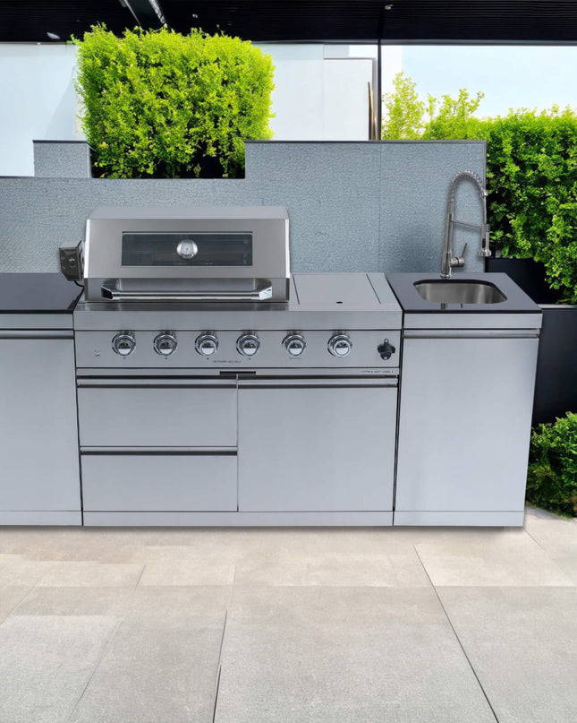 Castelle Flame Stainless Steel Outdoor BBQ Kitchen Island With 46-Inch 4-Burner 85K BTU Grill, Rotisserie Kit, And Cabinets