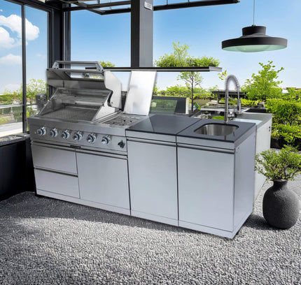 Castelle Flame Stainless Steel Outdoor BBQ Kitchen Island With 46-Inch 4-Burner 85K BTU Grill, Rotisserie Kit, And Cabinets