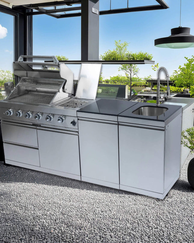Castelle Flame Stainless Steel Outdoor BBQ Kitchen Island With 46-Inch 4-Burner 85K BTU Grill, Rotisserie Kit, And Cabinets