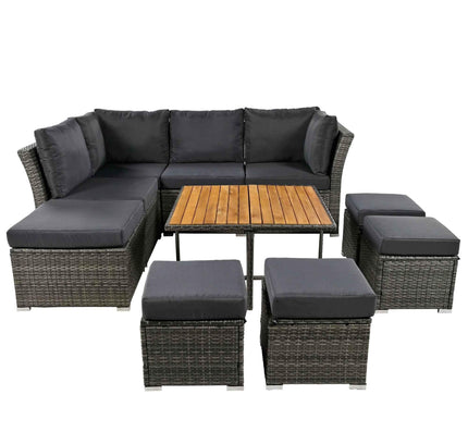 10-Piece Outdoor Rattan Conversation Set with Acacia Coffee Table, Seats 8-9