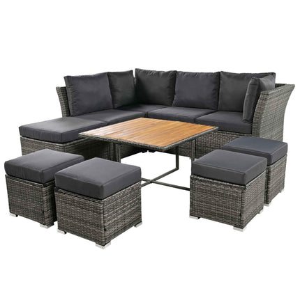 10-Piece Outdoor Rattan Conversation Set with Acacia Coffee Table, Seats 8-9