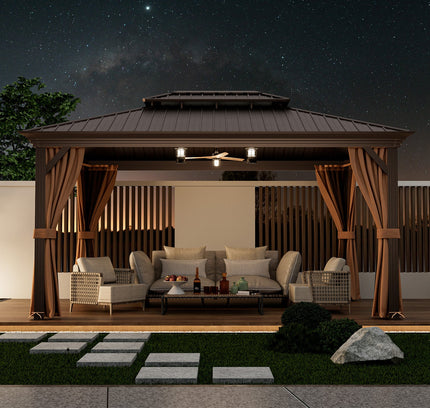 12' x 16' Double-Roof Hardtop Gazebo with Galvanized Steel Roof-Coffee