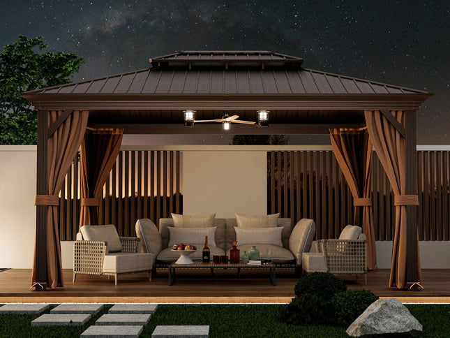12' x 16' Double-Roof Hardtop Gazebo with Galvanized Steel Roof-Coffee