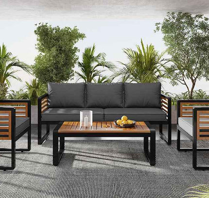 4-Piece Outdoor Conversation Set, Metal Frame & Acacia Wood Table, Seats 5