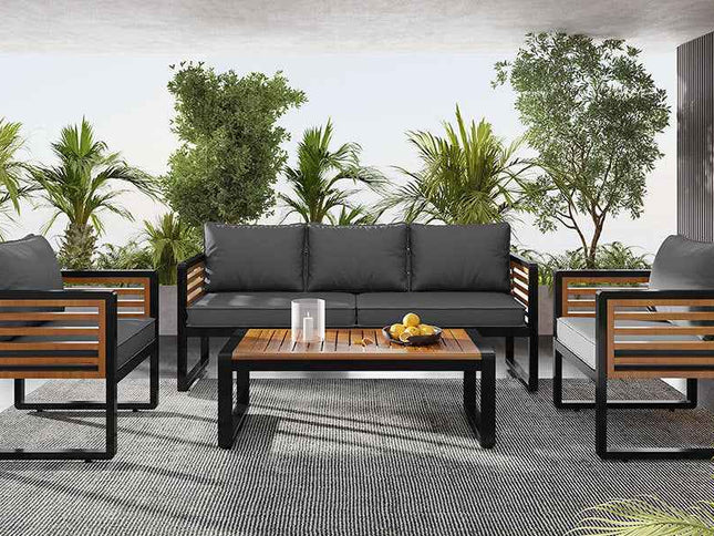4-Piece Outdoor Conversation Set, Metal Frame & Acacia Wood Table, Seats 5