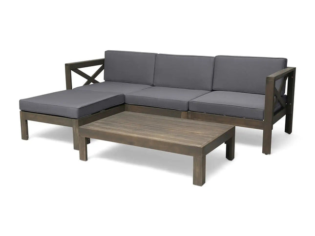 Alcove L-Shape Acacia Wood Outdoor Sofa Set with Ottoman & Coffee Table