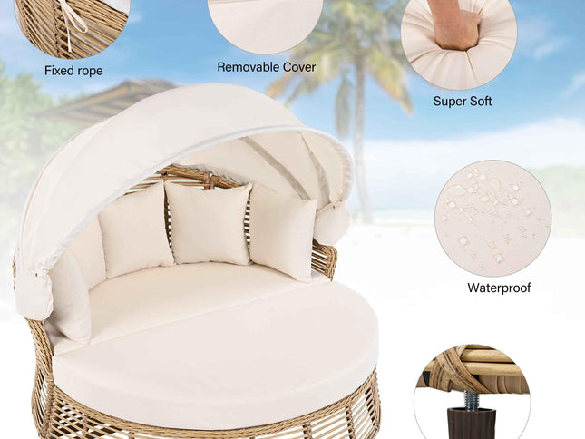 Outdoor Patio Rattan Round Daybed with Retractable Canopy, Wicker