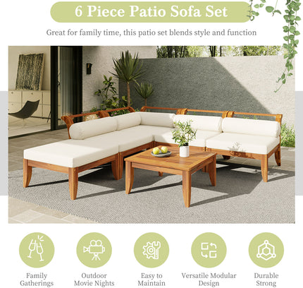 6-Piece Acacia Wood Outdoor Modular Sectional with Daybed Configuration & Tea Table