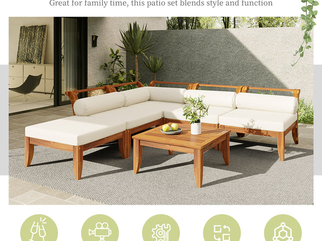 6-Piece Acacia Wood Outdoor Modular Sectional with Daybed Configuration & Tea Table