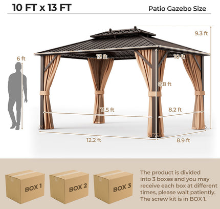 10x13ft Double-Roof Patio Hardtop Gazebo with Galvanized Steel Roof Netting and Curtains-Coffee