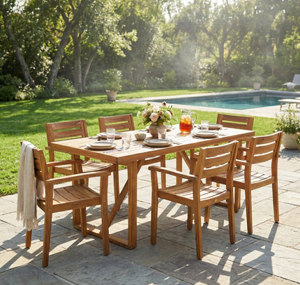 7-Piece Acacia Wood Outdoor Dining Set with 6 Chairs, Teak Finish
